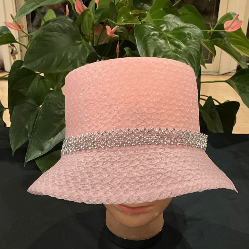 Elegant Pink Women's Hat with Silver Rhinestone Beaded Accent